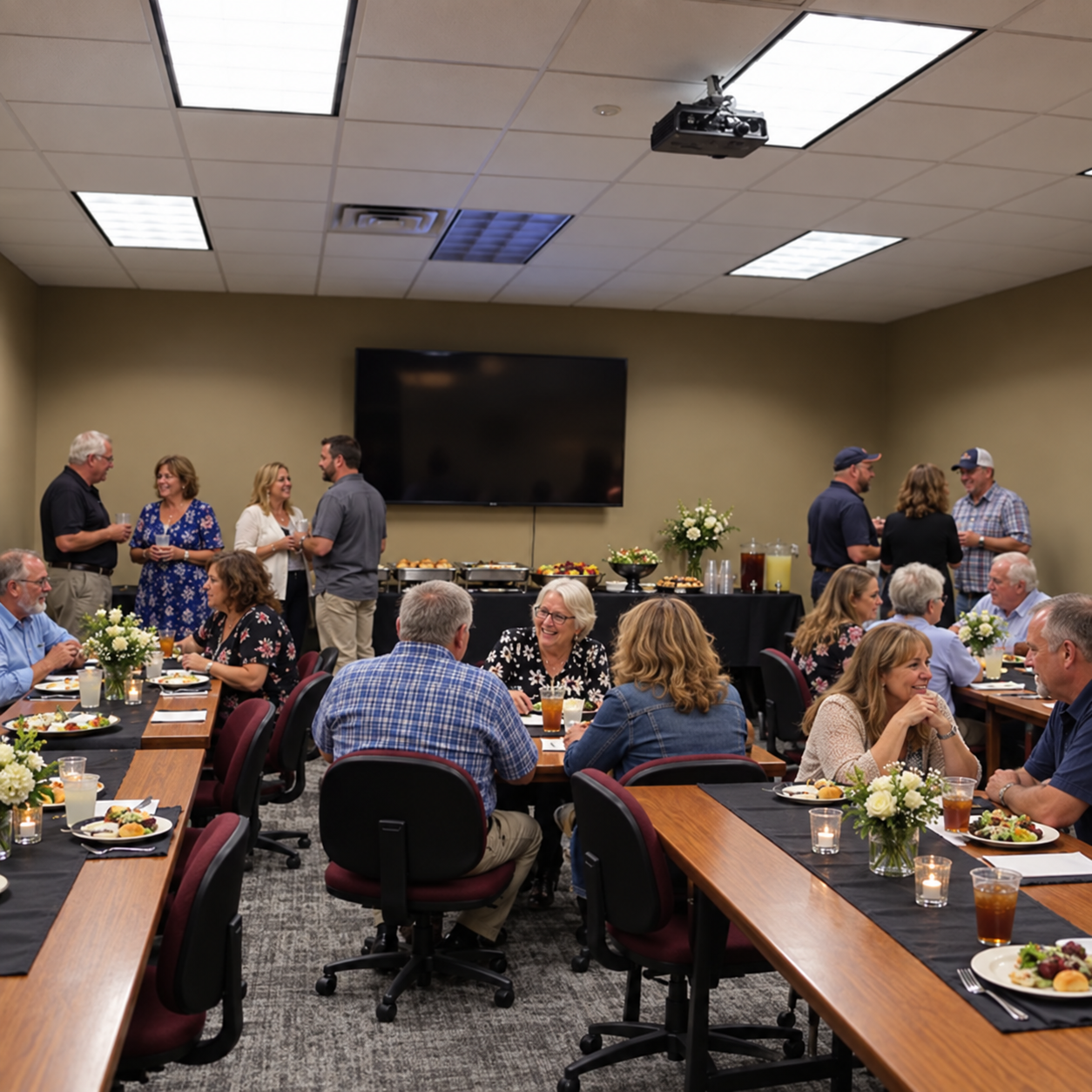 A catered multigenerational celebration arranged inside the actual HSSC Dutton Room