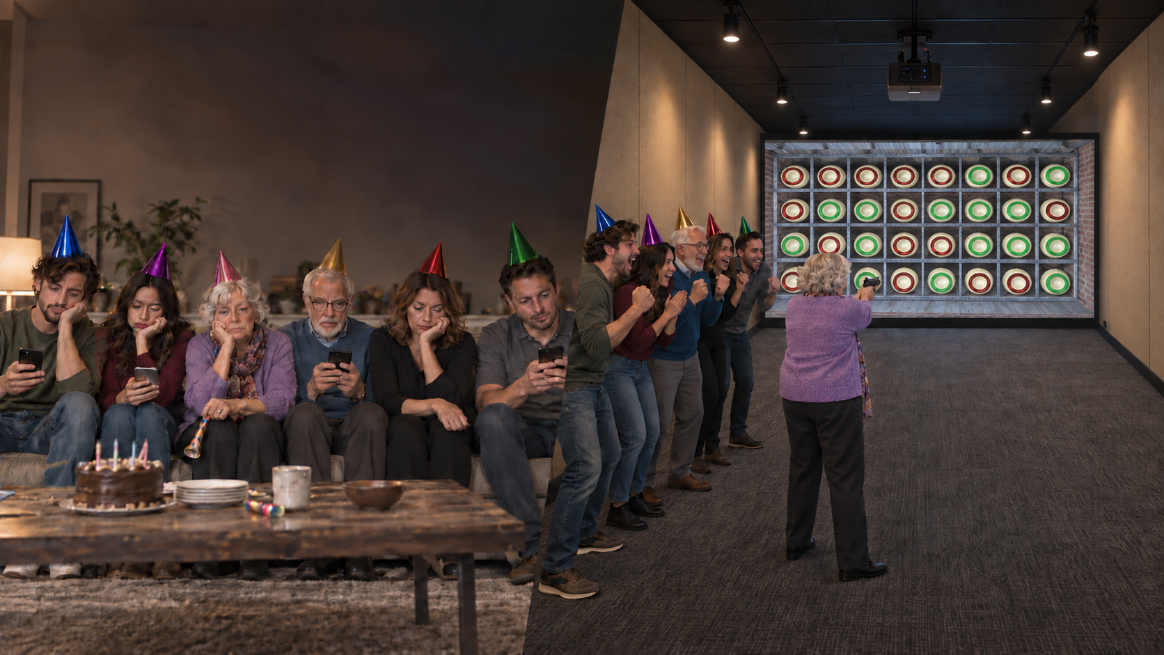 The same multigenerational birthday group goes from bored on a couch to safely laughing and competing in a 22-foot-long by 14-foot-wide private HSSC simulator Suite, with the shooter approximately ten feet from the authentic red-and-cream and green-and-cream HSSC plate-grid challenge on the far downrange screen and guests safely behind her