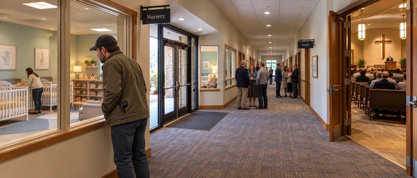 Illustrative church hallway: a man peers through nursery windows with a pistol grip visible in his coat pocket while adults mingle and worship nearby.