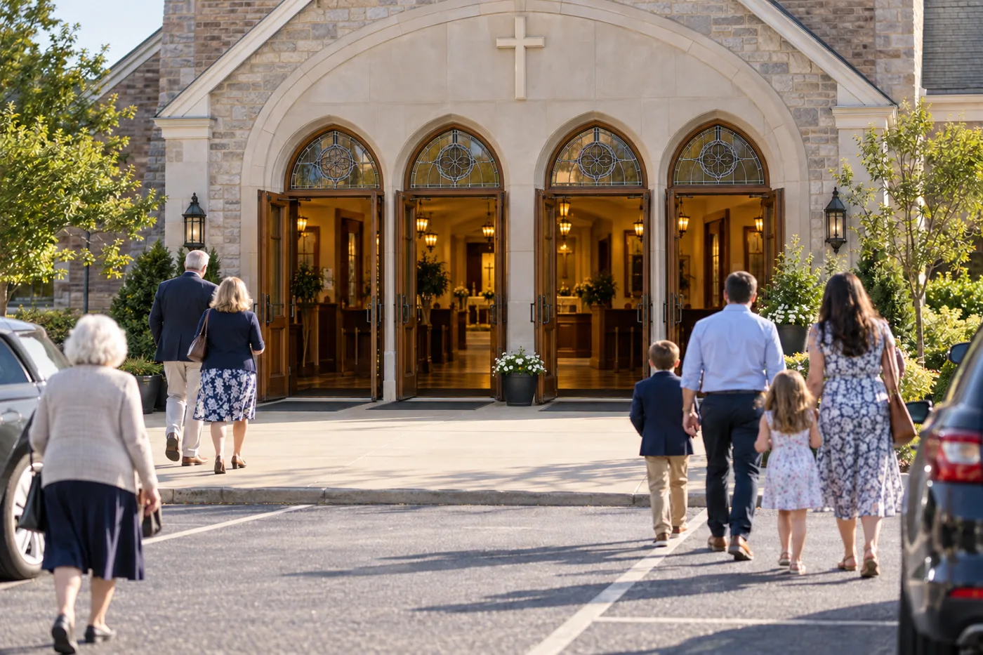 Church entrance illustration with four open doors and no designated greeters at the entrances.