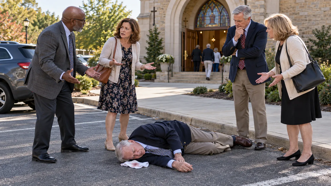 Illustrative parking-lot fall outside a church: concerned bystanders look to each other, unsure who can help.