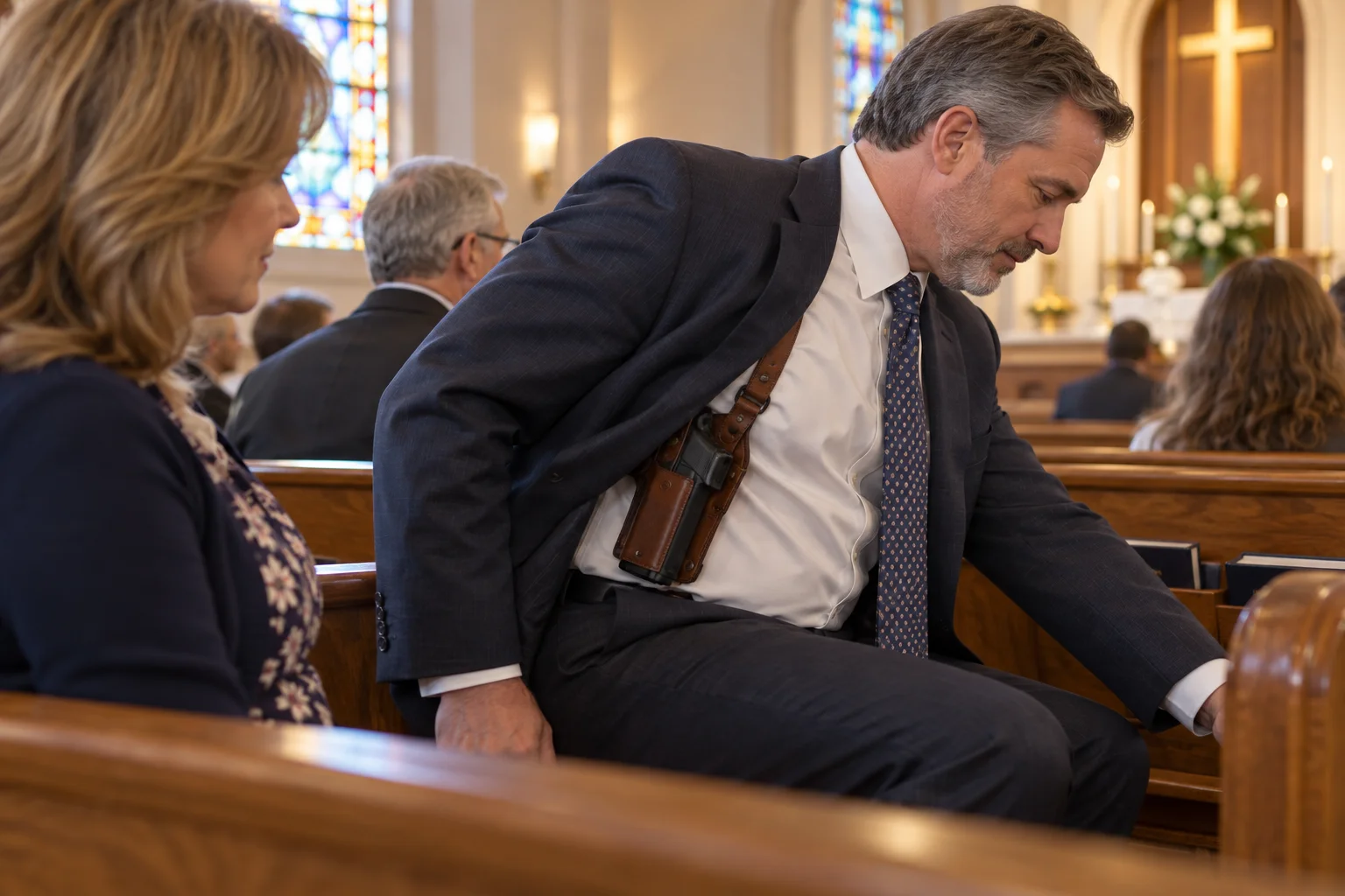 Illustrative church safety scenario: a gentleman leans forward in a pew, revealing a handgun retained in a shoulder holster beneath his suit jacket.