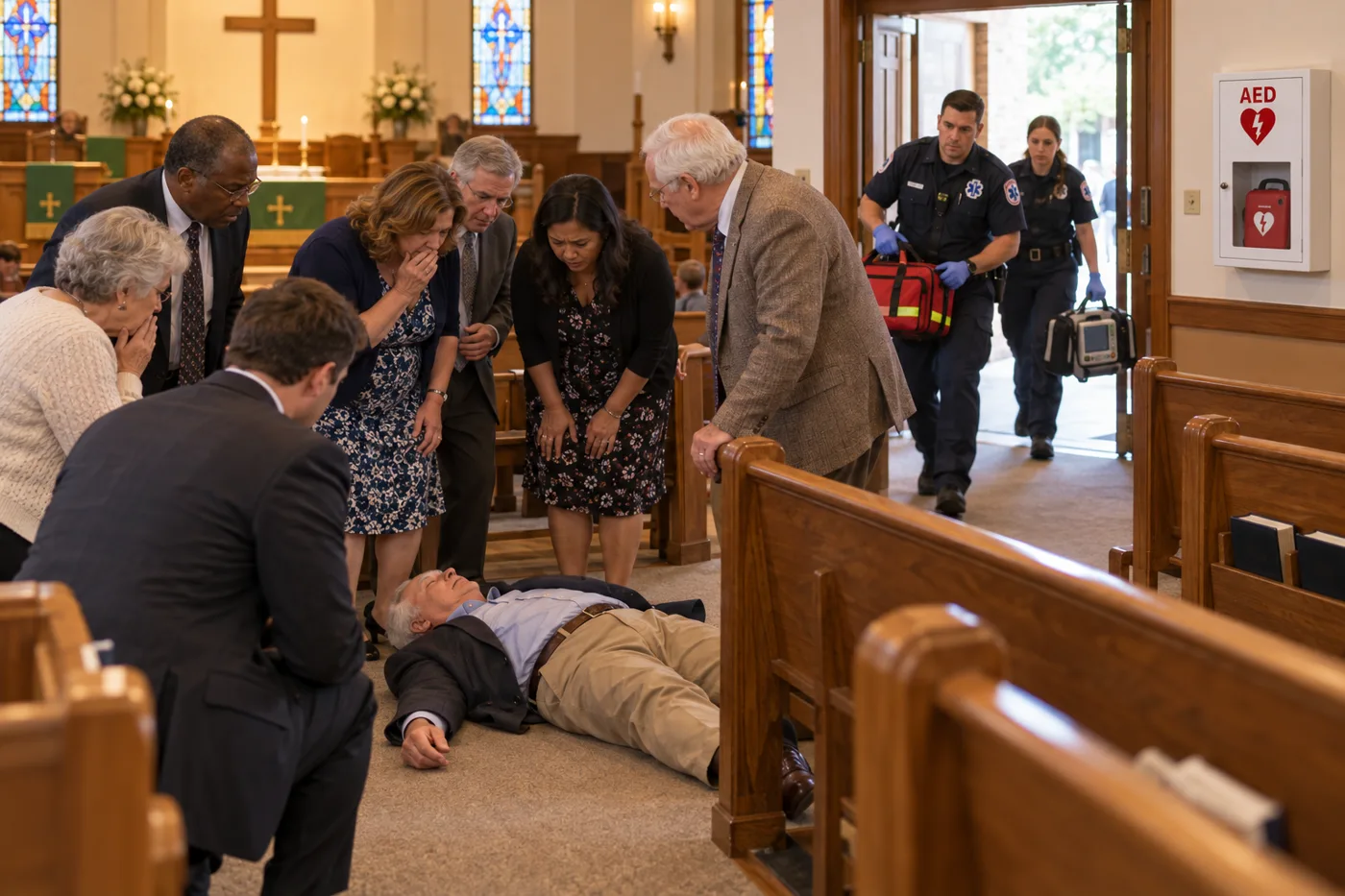 Illustrative cardiac emergency in a church sanctuary: worshippers crowd around, an AED is unused, and EMS arrives.