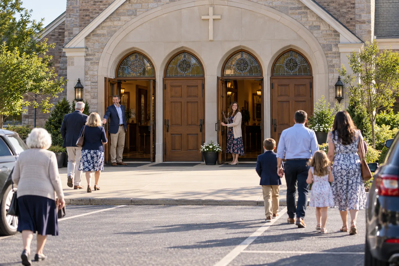 Same church entrance with alternating doors open and designated safety-team greeters welcoming parishioners.