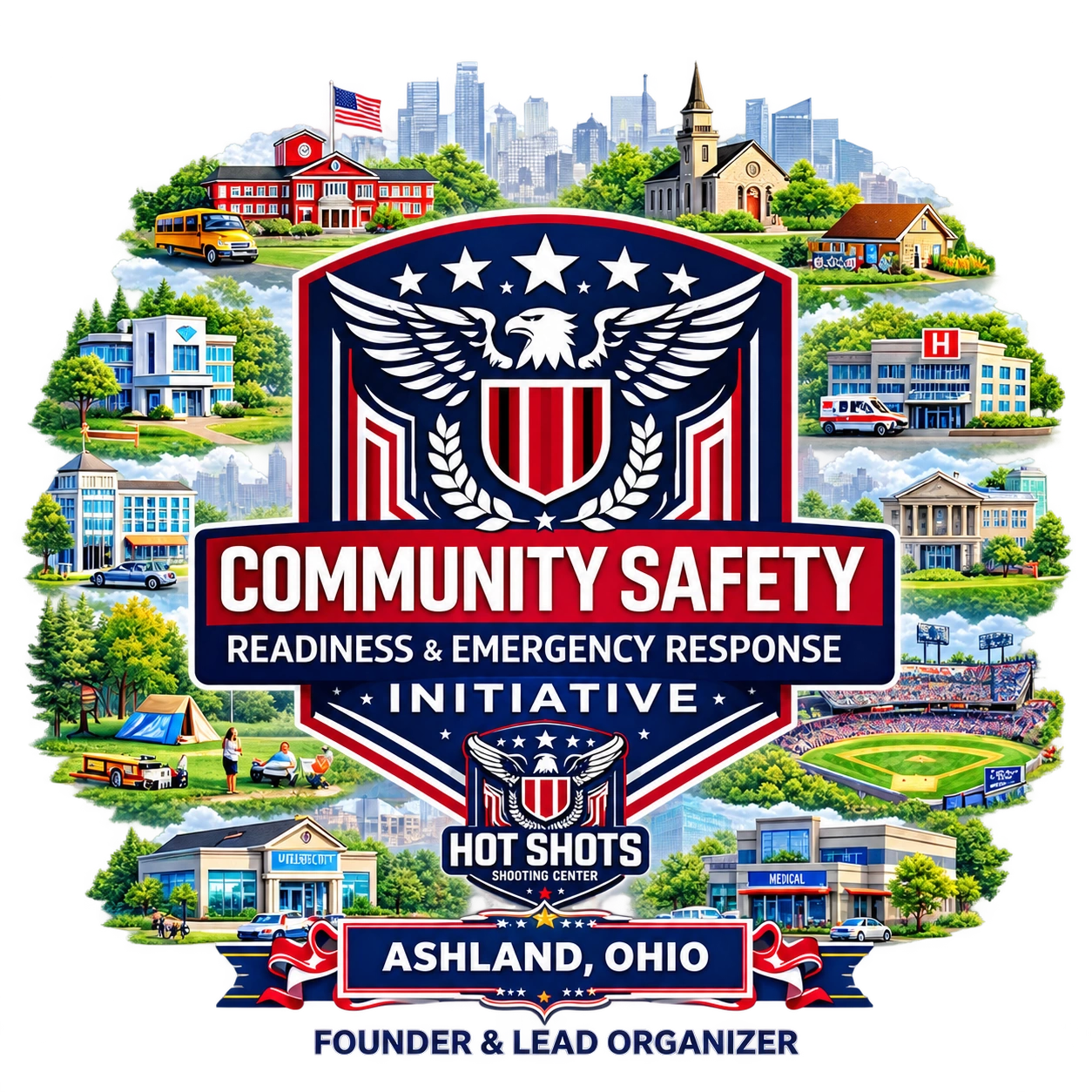 CSRERI community emblem surrounded by a school, church, homes, healthcare facilities, workplaces, public spaces and a sports venue