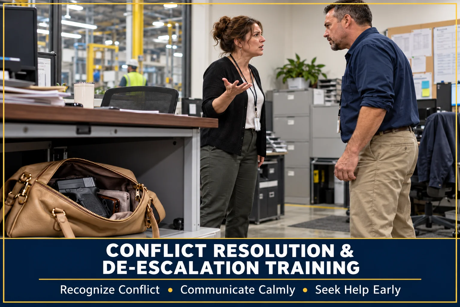Conflict resolution and de-escalation training illustration showing a verbal disagreement and an unsecured handgun in an open purse