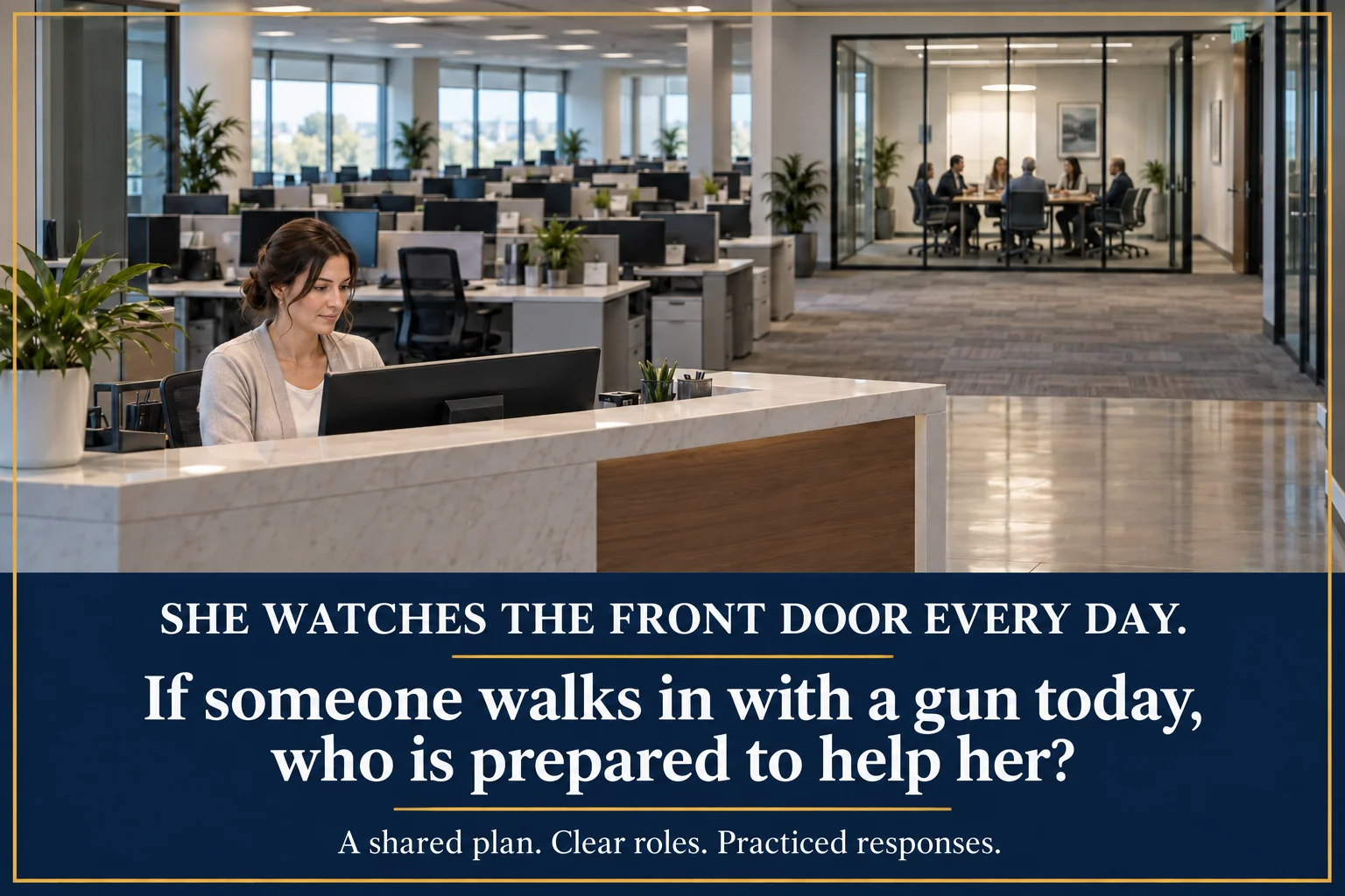 Illustrative reception scenario: a lone receptionist with empty desks and a meeting room behind her