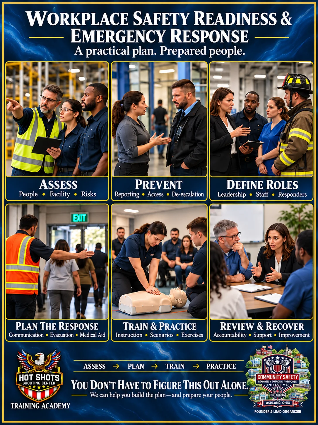 Six workplace readiness components: assess, prevent, define roles, plan the response, train and practice, review and recover. Hot Shots Training Academy and CSRERI community initiative branding.