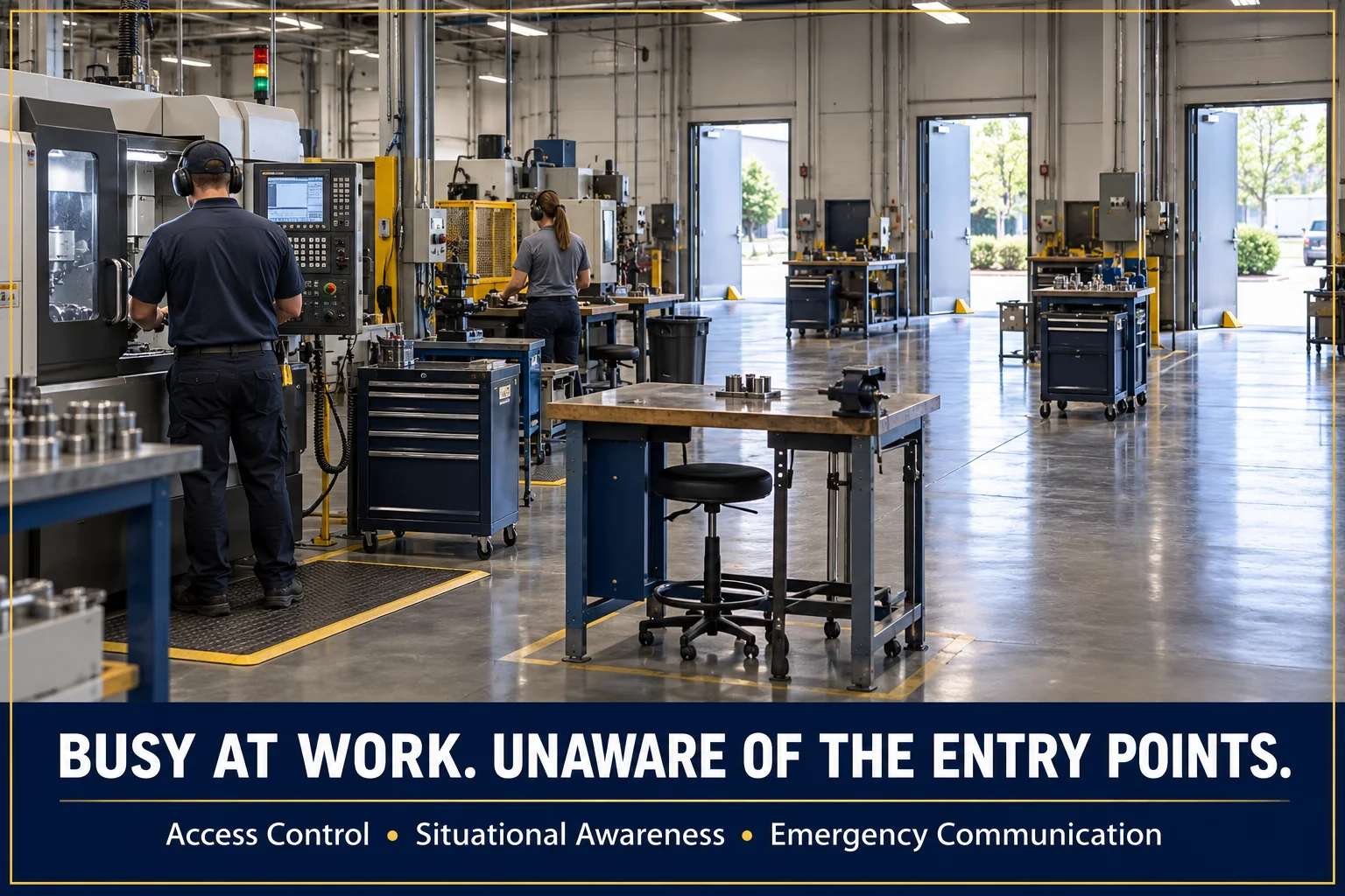 Illustrative factory scenario: machine operators wearing hearing protection with unattended exterior doors propped open